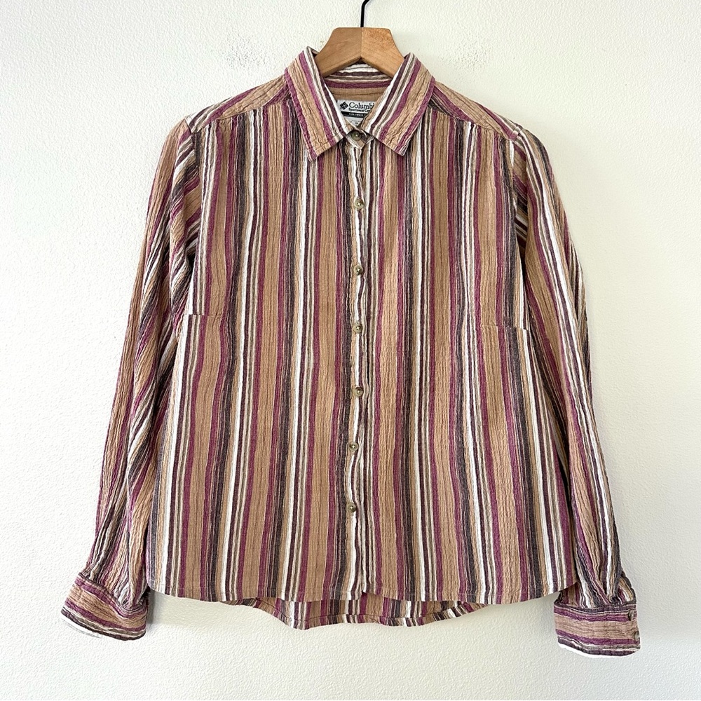 VINTAGE COLUMBIA Cotton STRIPED BUTTON UP SHIRT SZ M PURPLE TAN GORPCORE Hike